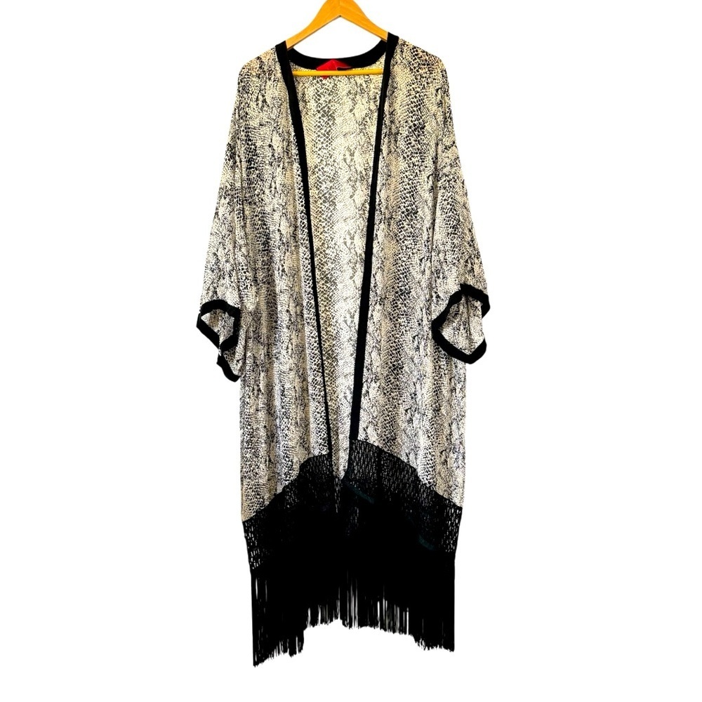 Tamara Mellon 100% Silk Fringe Kimono Cover Up Snakeskin Print Opera Coat M / L‎